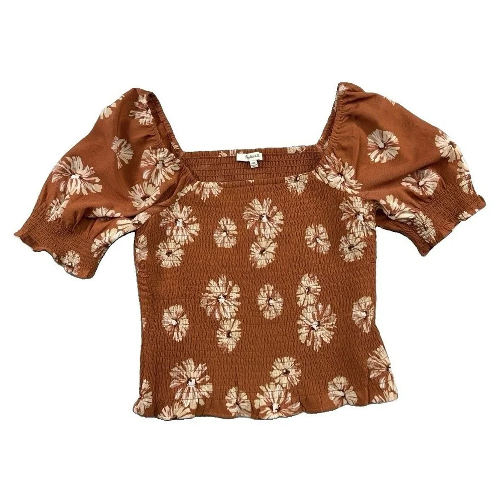 Madewell Georgette Lucie Puff-Sleeve Smocked Top Moody Blooms Rusty Torch XXS